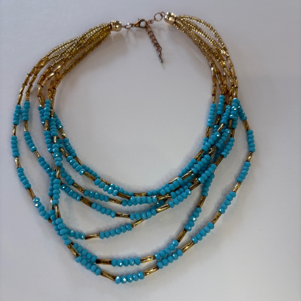 Vintage Estate Jewelry Boho Multi-Strand Turquoise & Gold Beaded Necklace